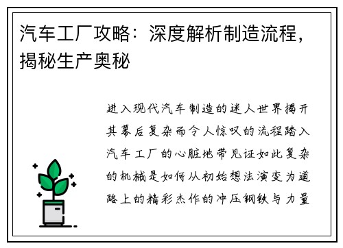 汽车工厂攻略：深度解析制造流程，揭秘生产奥秘